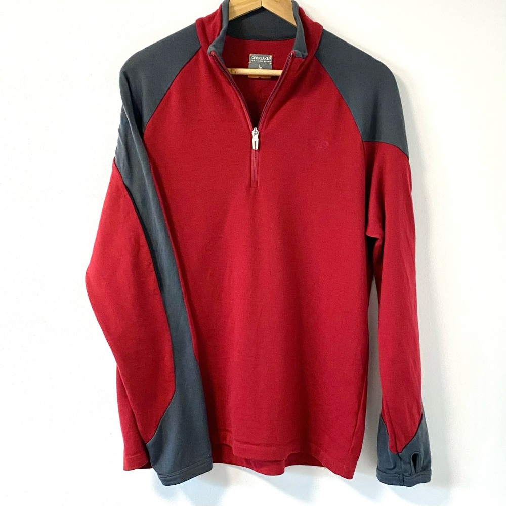 Icebreaker Mid-Weight Merino Wool Quarter Zip Sweater Red Grey Layer Men’s Large